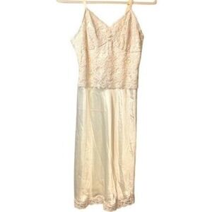 Vintage Body Lites Cream Satin Pink Lace Full Slip Coquette Pastel Dress Size 32